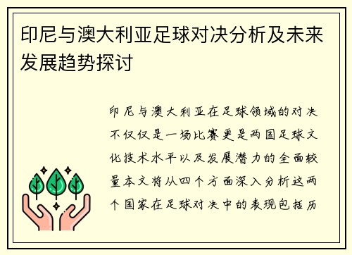 印尼与澳大利亚足球对决分析及未来发展趋势探讨